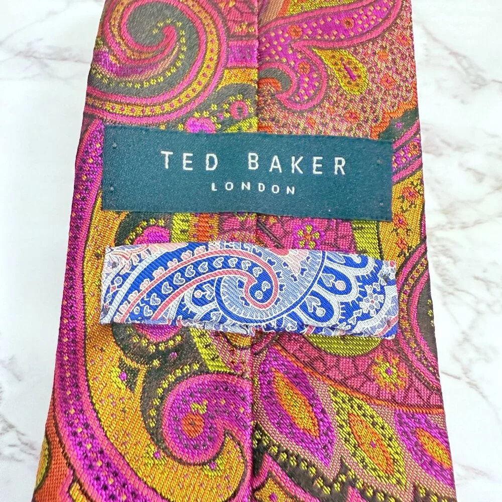 Ted Baker London 100% Silk Paisley Necktie Pink Gold Mustard Made In USA Retro - Picture 6 of 11